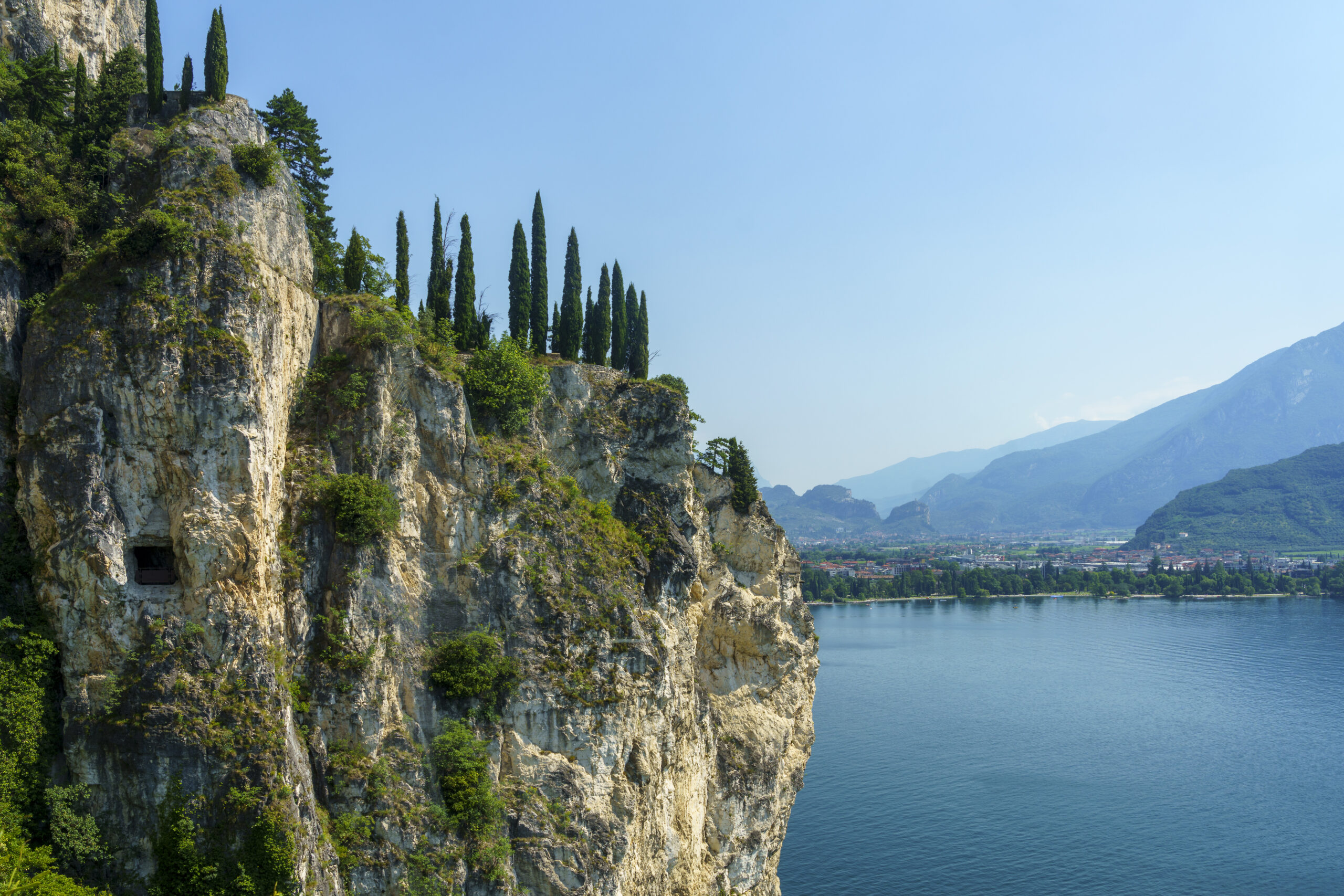 Path of Ponale, on the Garda lake, Trentino, Italy, made from the old road from the Ledro valley. View of Riva del Garda